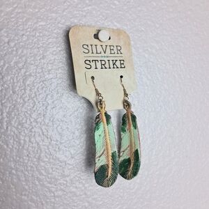 Silver Strike Leather Feather Shape Multi Color Green Earrings